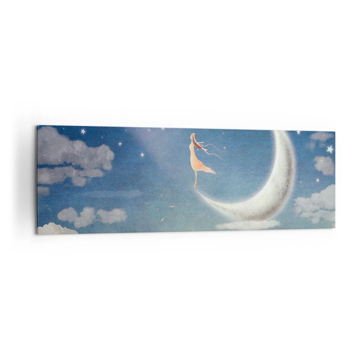 Impression sur toile - Image sur toile - Une femme dans la lune entourée d'étoiles et de nuages - 160x50cm - Valise bleue - Décoration murale moderne pour le salon et la chambre ARTTOR