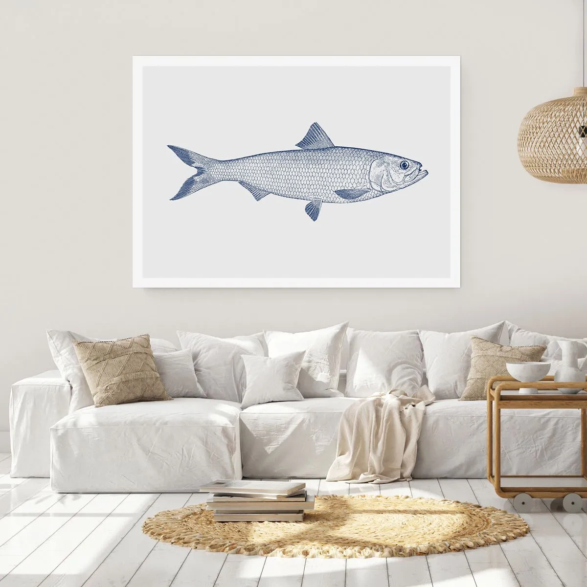 Affiche - Poster - Illustration d'un poisson dans des tons de bleu sur fond clair - 100x70cm - Salutations des mers du nord - Décoration murale moderne pour le salon et la chambre ARTTOR