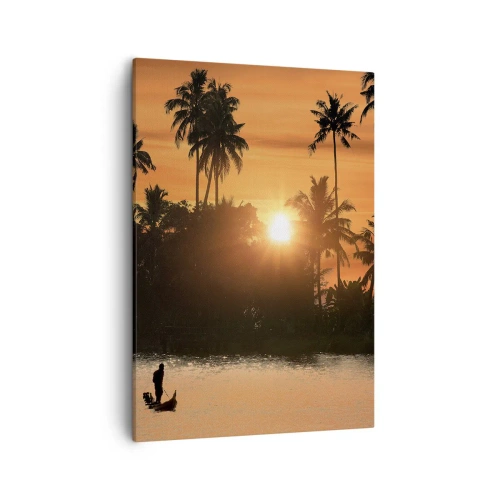 Impression sur toile - Image sur toile - Coucher de soleil sur les palmiers et un lac calme avec un bateau - 50x70cm - Il est temps de se détendre - Décoration murale moderne pour le salon et la chambre ARTTOR