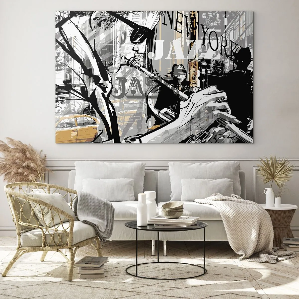 Impression sur verre - Image sur verre - Un dessin élégant d'un musicien de jazz jouant de la trompette dans un décor new-yorkais. - 70x50cm - Au rythme de New York - Décoration murale moderne pour le salon et la chambre ARTTOR