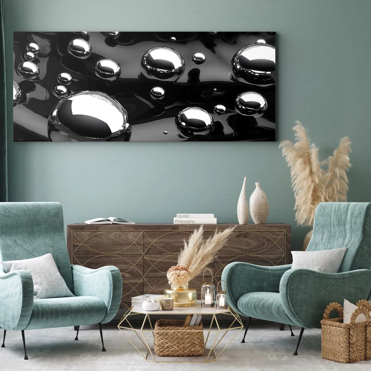 Impression sur toile - Image sur toile - Gouttes abstraites sur une surface noire - 140x50cm - D'un ton noir - Décoration murale moderne pour le salon et la chambre ARTTOR