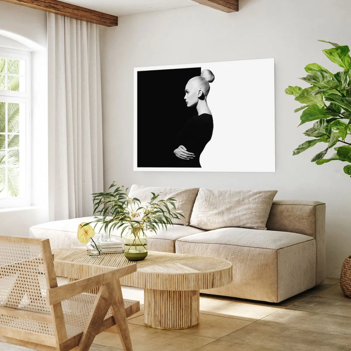 Affiche - Poster - Portrait élégant d'une femme sur fond noir et blanc - 100x70cm - Tout simplement une femme - Décoration murale moderne pour le salon et la chambre ARTTOR