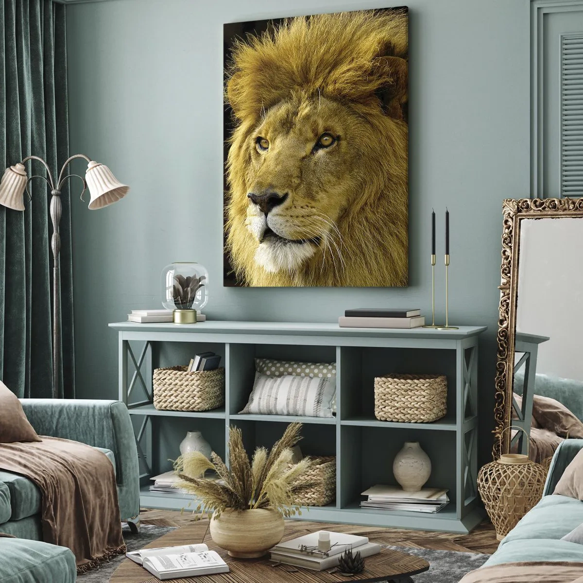Impression sur toile - Image sur toile - Portrait d'un lion à la crinière majestueuse sur fond sombre - 70x100cm - Portrait de roi - Décoration murale moderne pour le salon et la chambre ARTTOR