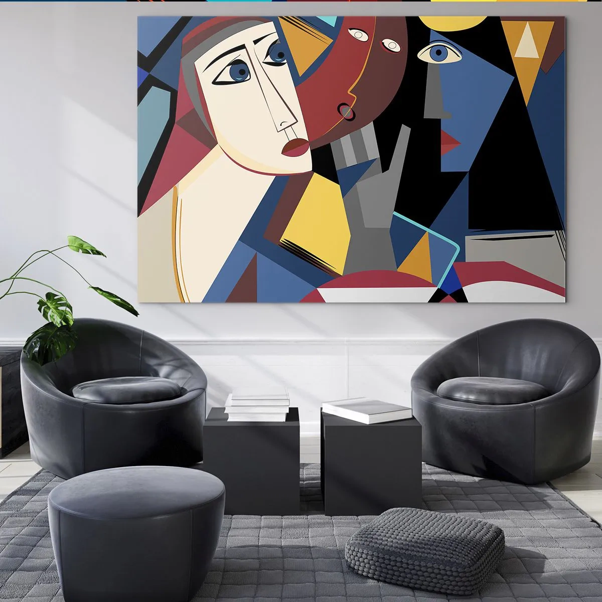 Impression sur verre - Image sur verre - Visages cubistes aux couleurs intenses - 70x50cm - Une conversation entre cubistes - Décoration murale moderne pour le salon et la chambre ARTTOR
