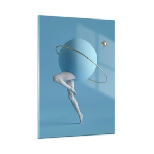 Impression sur verre - Image sur verre - Une composition minimaliste d'une planète avec des jambes humaines sur bleu. - 50x70cm - Et les planètes deviennent folles - Décoration murale moderne pour le salon et la chambre ARTTOR