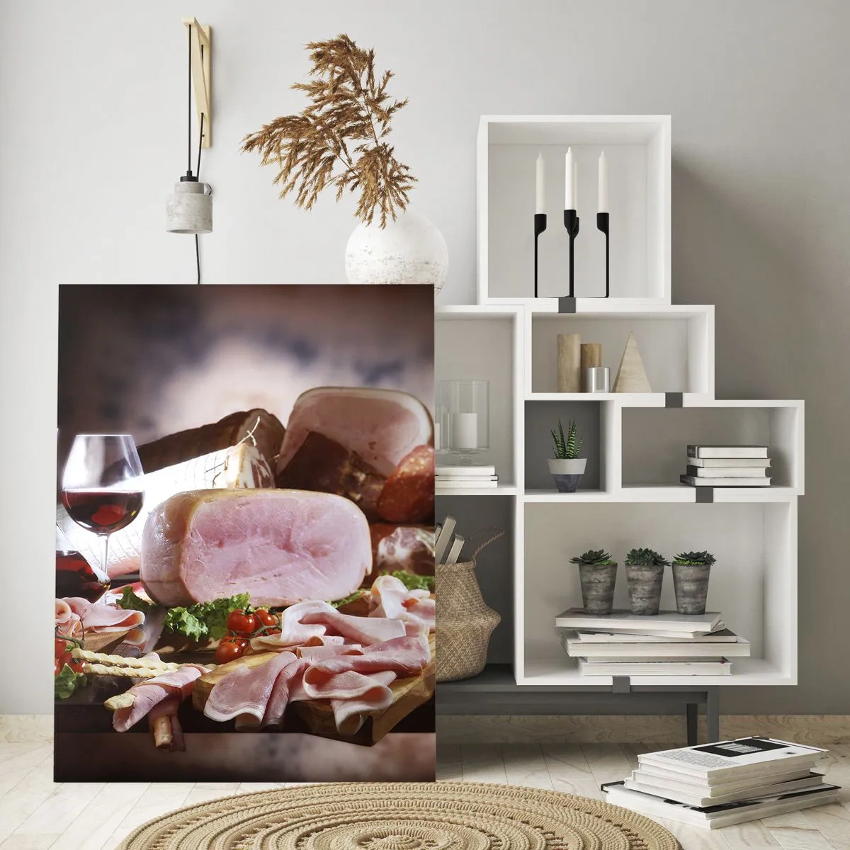 Impression sur verre - Image sur verre - Table de cuisine avec charcuterie, vin et légumes frais - 50x70cm - Un rêve culinaire avec une carafe - Décoration murale moderne pour le salon et la chambre ARTTOR