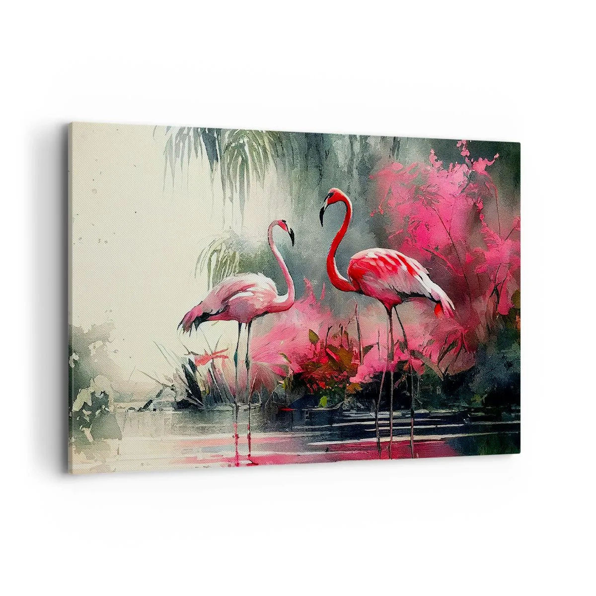 Impression sur toile - Image sur toile - Flamants roses au bord de l'eau entourés de végétation - 100x70cm - Une leçon de grâce naturelle - Décoration murale moderne pour le salon et la chambre ARTTOR