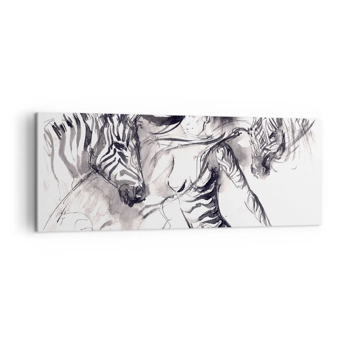 Impression sur toile - Image sur toile - Une femme dans une danse dynamique avec des zèbres dans une esthétique noir et blanc - 140x50cm - Danse avec les zèbres - Décoration murale moderne pour le salon et la chambre ARTTOR
