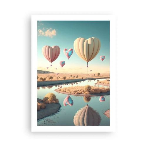Affiche - Poster - Des ballons en forme de cœur flottant au-dessus du paysage - 50x70cm - L'amour te permet de t'élever - Décoration murale moderne pour le salon et la chambre ARTTOR