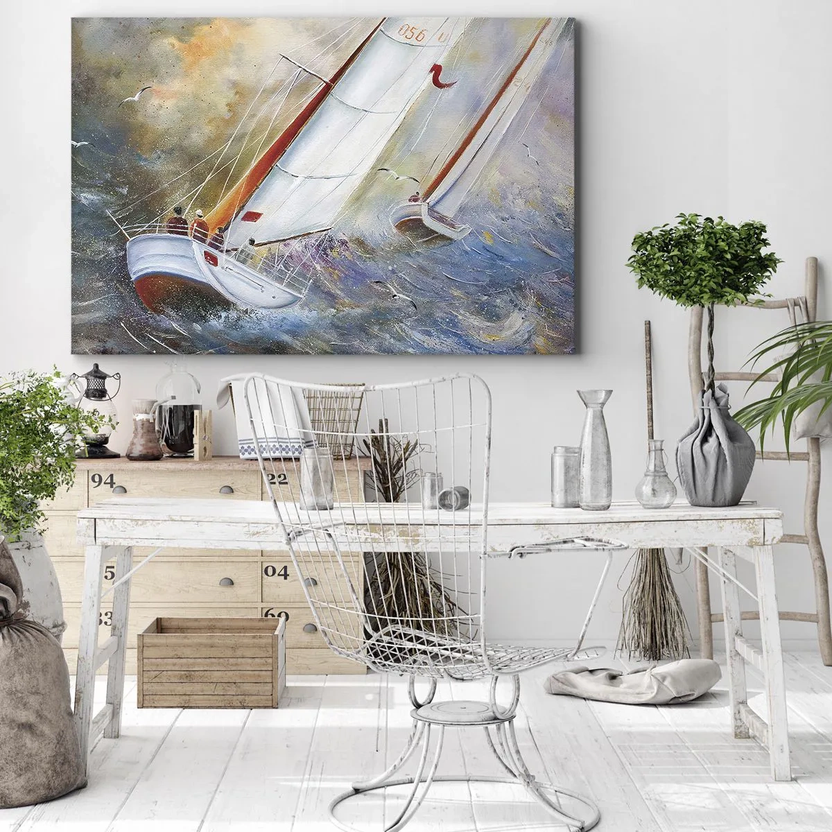 Impression sur toile - Image sur toile - Voiliers sur des vagues agitées dans une composition dynamique - 100x70cm - Concourir sur les vagues - Décoration murale moderne pour le salon et la chambre ARTTOR