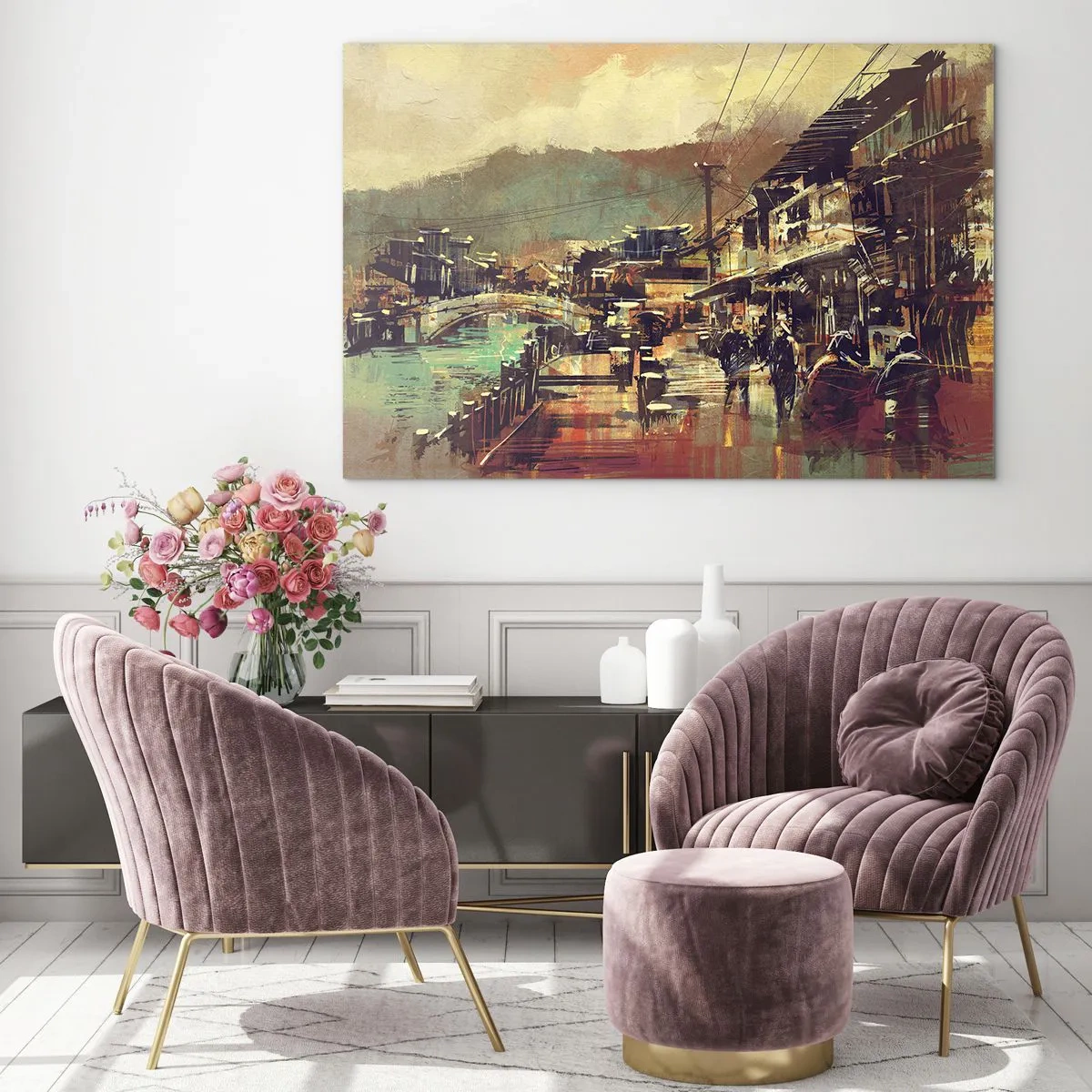Impression sur verre - Image sur verre - Un paysage de rue dans un style pictural avec un motif de pont et de canal. - 70x50cm - La vie comme une richesse de gris - Décoration murale moderne pour le salon et la chambre ARTTOR