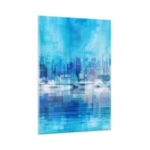 Impression sur verre - Image sur verre - Panorama urbain abstrait dans des tons bleus - 80x120cm - Noyé dans le bleu - Décoration murale moderne pour le salon et la chambre ARTTOR