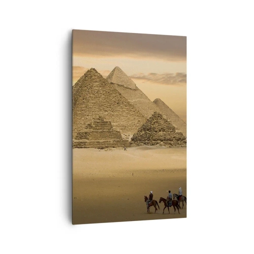 Impression sur toile - Image sur toile - Pyramides d'Égypte au coucher du soleil avec des cavaliers à cheval - 80x120cm - Aucun changement depuis des milliers d'années - Décoration murale moderne pour le salon et la chambre ARTTOR