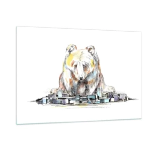 Impression sur verre - Image sur verre - Un ours regardant la ville dans une composition artistique - 120x80cm - Comment peut-on vivre ainsi ? - Décoration murale moderne pour le salon et la chambre ARTTOR