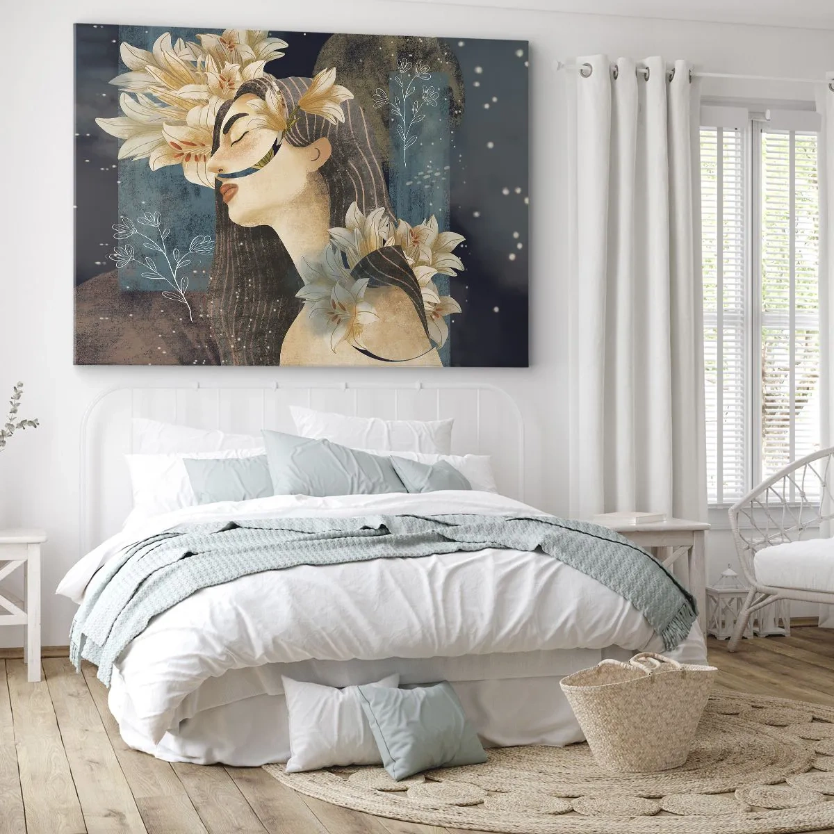 Impression sur toile - Image sur toile - Portrait d'une femme avec des fleurs dans un style artistique sur fond sombre - 70x50cm - Conte de fée sur la princesse lilas - Décoration murale moderne pour le salon et la chambre ARTTOR