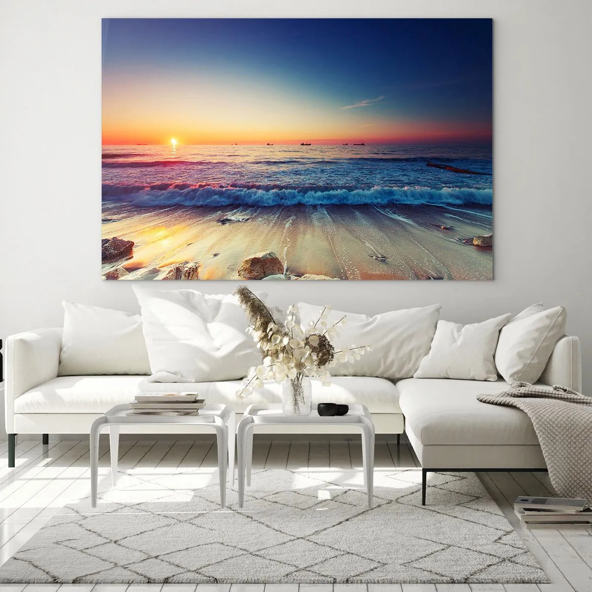 Impression sur verre - Image sur verre - Coucher de soleil sur la plage avec des vagues douces et une mer calme - 70x50cm - Mais quel horizon ? - Décoration murale moderne pour le salon et la chambre ARTTOR