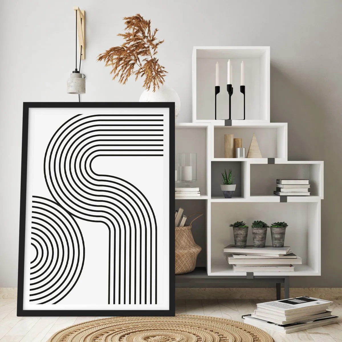 Affiche dans un cadre noir - Poster - Graphiques modernes avec des lignes abstraites en noir et blanc - 50x70cm - En plein virage - Décoration murale moderne pour le salon et la chambre ARTTOR