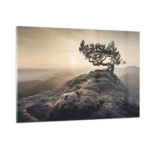 Impression sur verre - Image sur verre - Un arbre sur un rocher à la lumière du soleil levant - 120x80cm - La vie gagne toujours - Décoration murale moderne pour le salon et la chambre ARTTOR