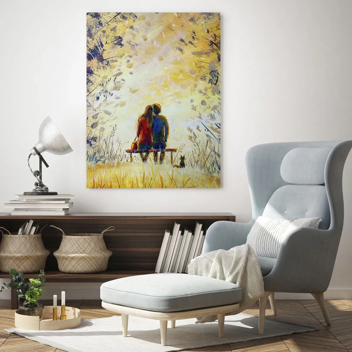 Impression sur verre - Image sur verre - Un couple sur un banc dans un moment magique - 50x70cm - Moment magique - Décoration murale moderne pour le salon et la chambre ARTTOR