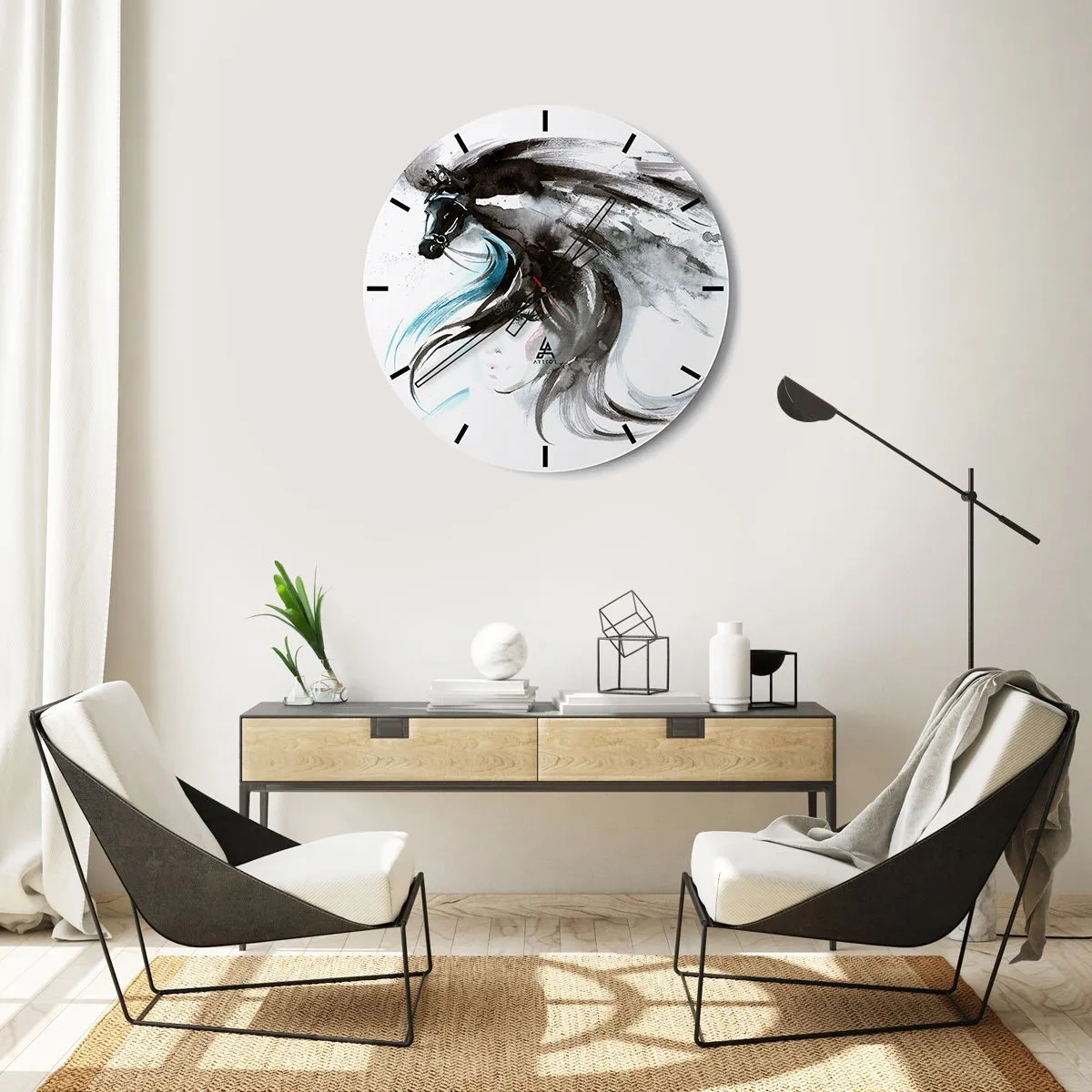 Horloge murale - Pendule murale - Un cheval noir en mouvement dynamique avec une crinière fluide dans un style artistique. - 30x30cm - Galop du prince noir - Décoration murale moderne pour le salon, la cuisine et la chambre ARTTOR