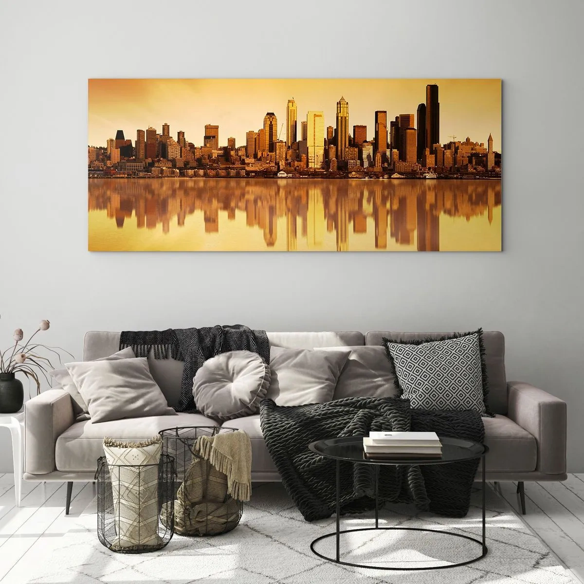 Impression sur verre - Image sur verre - Panorama de la ville reflété dans l'eau au coucher du soleil - 120x50cm - Le silence de la métropole - Décoration murale moderne pour le salon et la chambre ARTTOR