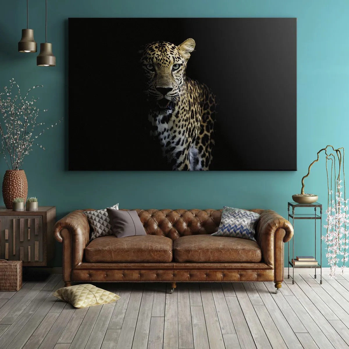 Impression sur toile - Image sur toile - Un léopard sur fond sombre avec un regard intense - 70x50cm - Beauté sombre - Décoration murale moderne pour le salon et la chambre ARTTOR