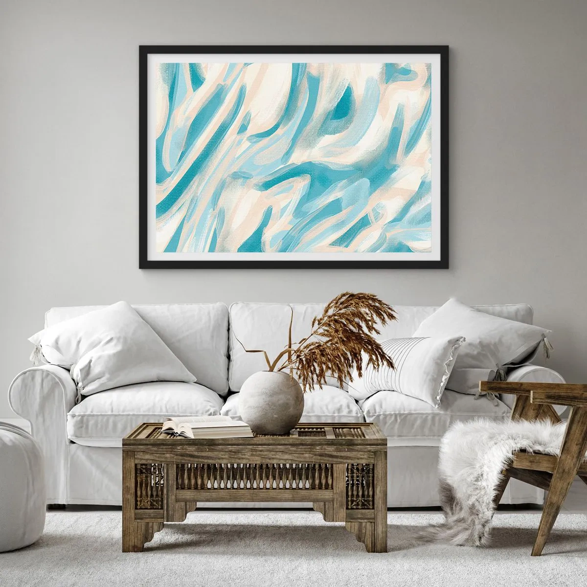 Affiche dans un cadre noir - Poster - Des stries bleues abstraites sur un fond clair - 70x50cm - Brise printanière - Décoration murale moderne pour le salon et la chambre ARTTOR