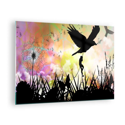 Impression sur verre - Image sur verre - Illustration d'une figure grimpant sur un oiseau sur un fond de fleurs colorées. - 70x50cm - Dans une ambiance de conte de fées - Décoration murale moderne pour le salon et la chambre ARTTOR