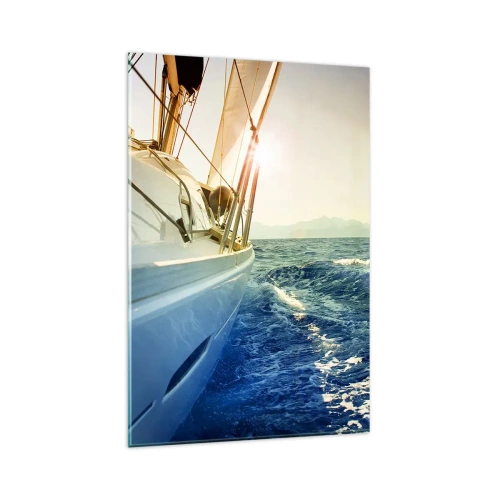 Impression sur verre - Image sur verre - Un yacht en pleine mer avec vue sur les vagues - 80x120cm - Suite à l'aventure - Décoration murale moderne pour le salon et la chambre ARTTOR