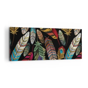 Impression sur toile - Image sur toile - Plumes colorées sur fond noir - 120x50cm - Le carnaval des oiseaux - Décoration murale moderne pour le salon et la chambre ARTTOR