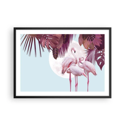 Affiche dans un cadre noir - Poster - Flamants roses sur fond de lune et de feuilles tropicales - 70x50cm - Trois oiseaux gracieux - Décoration murale moderne pour le salon et la chambre ARTTOR