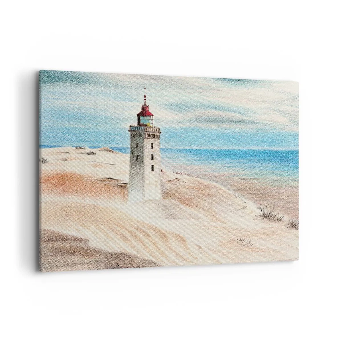 Impression sur toile - Image sur toile - Un phare entouré de dunes de sable et d'un ciel bleu - 120x80cm - Toujours regarder la mer - Décoration murale moderne pour le salon et la chambre ARTTOR