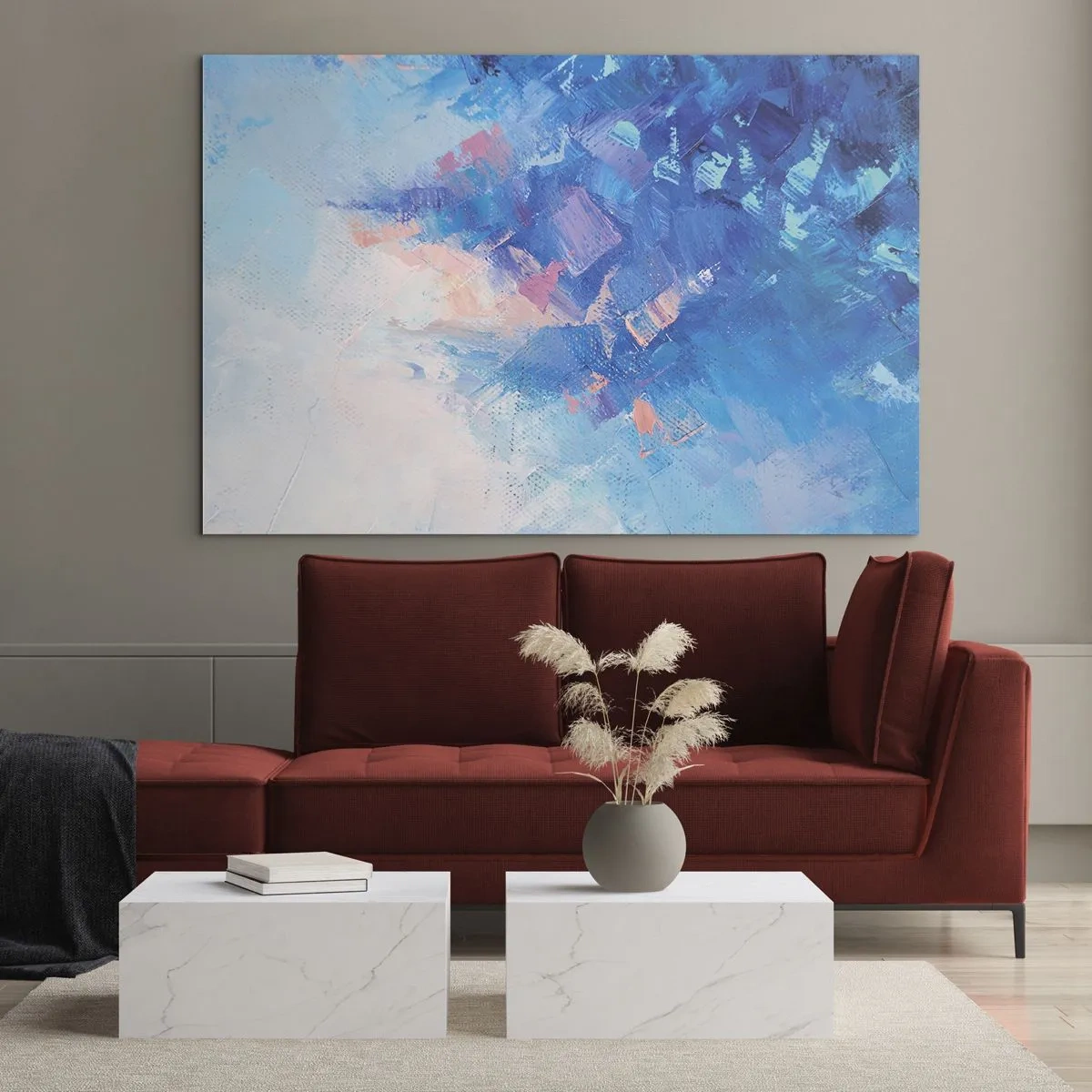 Impression sur verre - Image sur verre - Paysage d'hiver abstrait avec des bleus froids et des teintes roses douces - 120x80cm - Abstraction hivernale - Décoration murale moderne pour le salon et la chambre ARTTOR