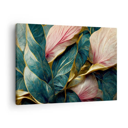 Impression sur toile - Image sur toile - Feuilles élégantes en vert, or et rose - 70x50cm - Élégance et style naturels - Décoration murale moderne pour le salon et la chambre ARTTOR