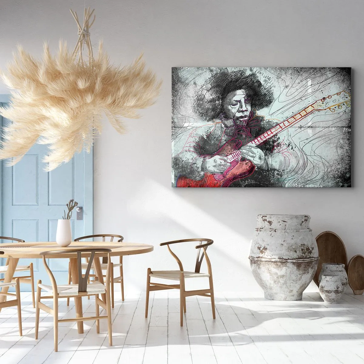 Impression sur toile - Image sur toile - Portrait artistique d'un guitariste en technique d'esquisse - 70x50cm - Sur les vagues de la musique - Décoration murale moderne pour le salon et la chambre ARTTOR