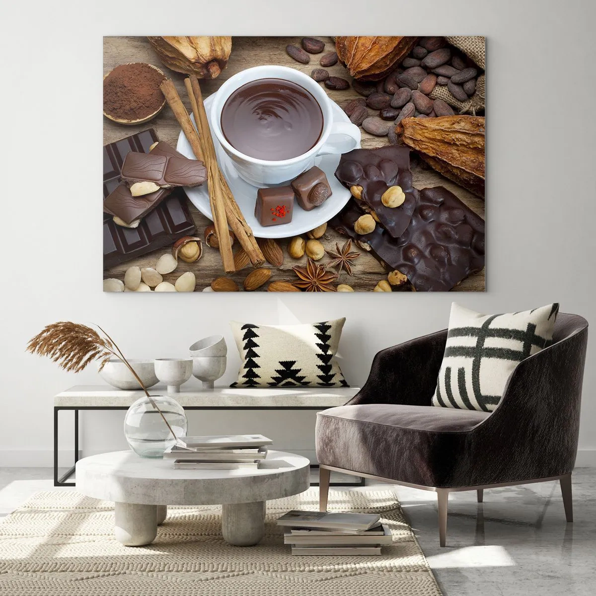 Impression sur verre - Image sur verre - Une tasse de chocolat chaud avec des garnitures sur un fond rustique - 120x80cm - D'une chocolaterie de conte de fées - Décoration murale moderne pour le salon et la chambre ARTTOR