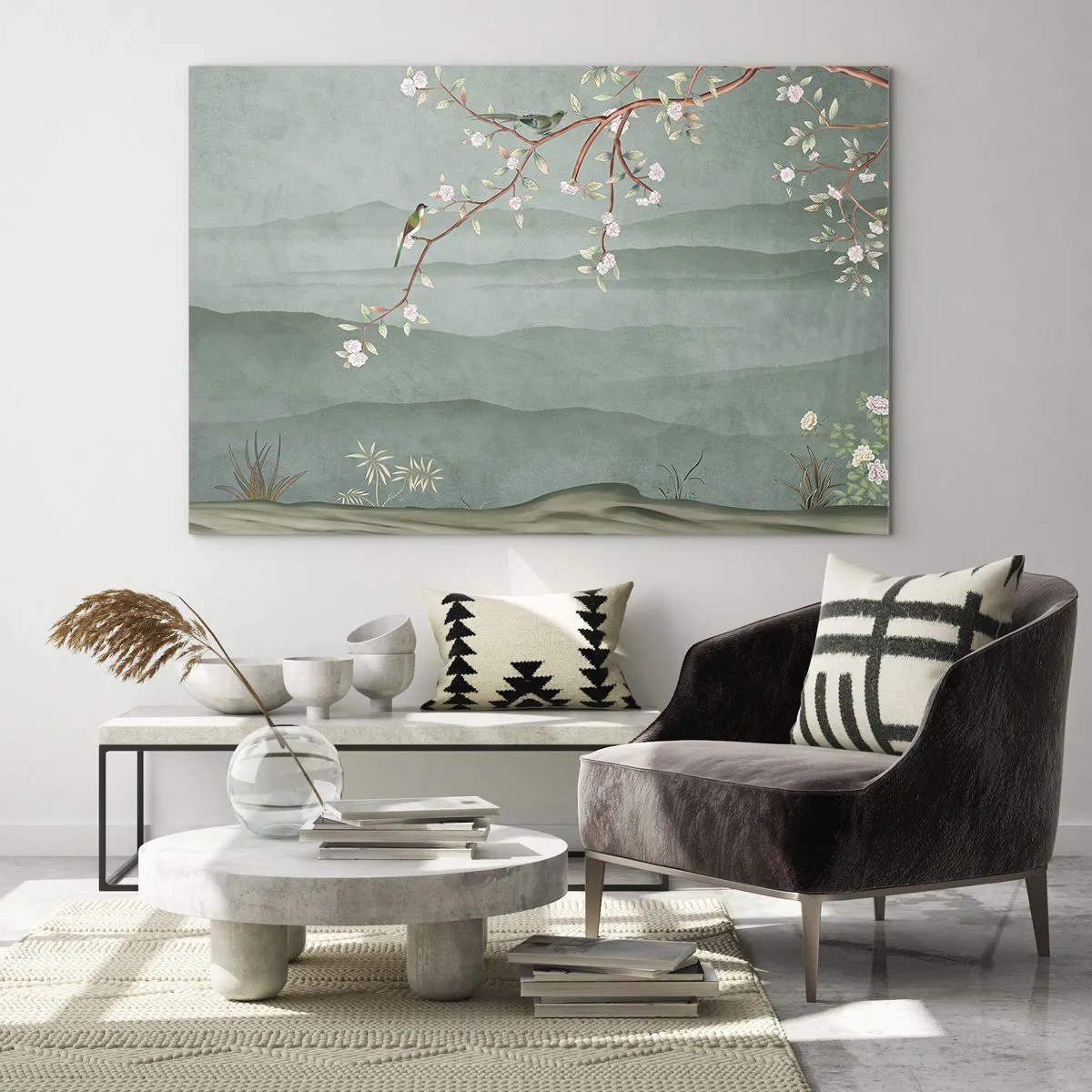 Impression sur verre - Image sur verre - Une branche avec des fleurs et des oiseaux sur un fond de collines verdoyantes - 70x50cm - Printemps oh c'est toi - Décoration murale moderne pour le salon et la chambre ARTTOR