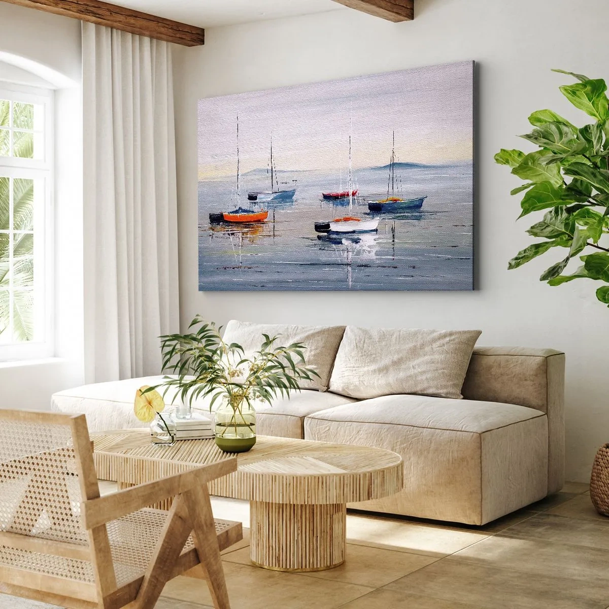 Impression sur toile - Image sur toile - Bateaux colorés sur une eau calme - 100x70cm - Un repos bien mérité - Décoration murale moderne pour le salon et la chambre ARTTOR