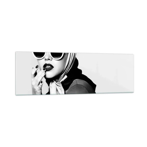Impression sur verre - Image sur verre - Portrait en noir et blanc d'une femme portant des lunettes et un foulard - 160x50cm - Salutations des années 60 - Décoration murale moderne pour le salon et la chambre ARTTOR