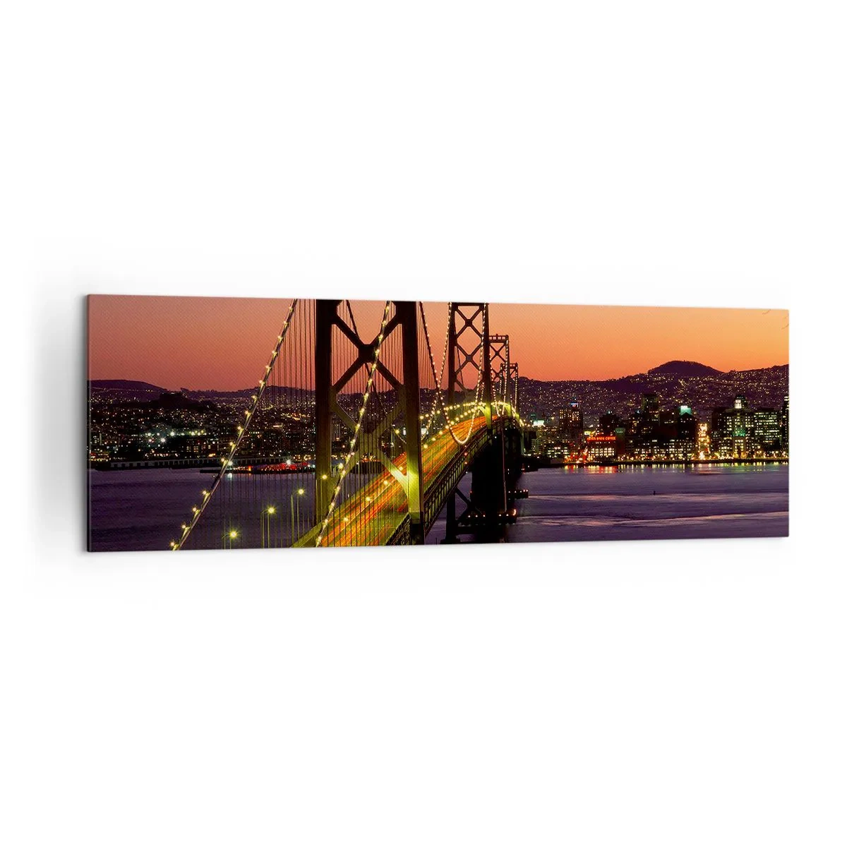 Impression sur toile - Image sur toile - Un pont illuminé la nuit au-dessus de l'eau avec une vue panoramique sur la ville - 160x50cm - Soirée violette - Décoration murale moderne pour le salon et la chambre ARTTOR