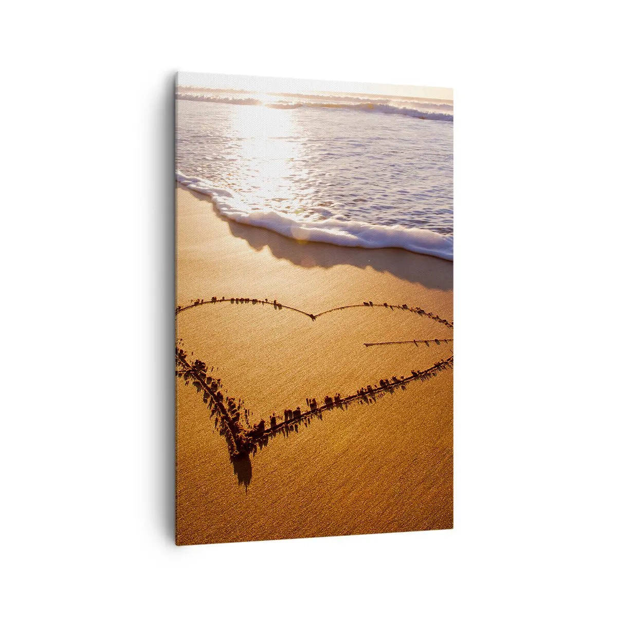 Impression sur toile - Image sur toile - Un cœur fait de sable sur la plage au coucher du soleil - 80x120cm - Confession de vacances - Décoration murale moderne pour le salon et la chambre ARTTOR
