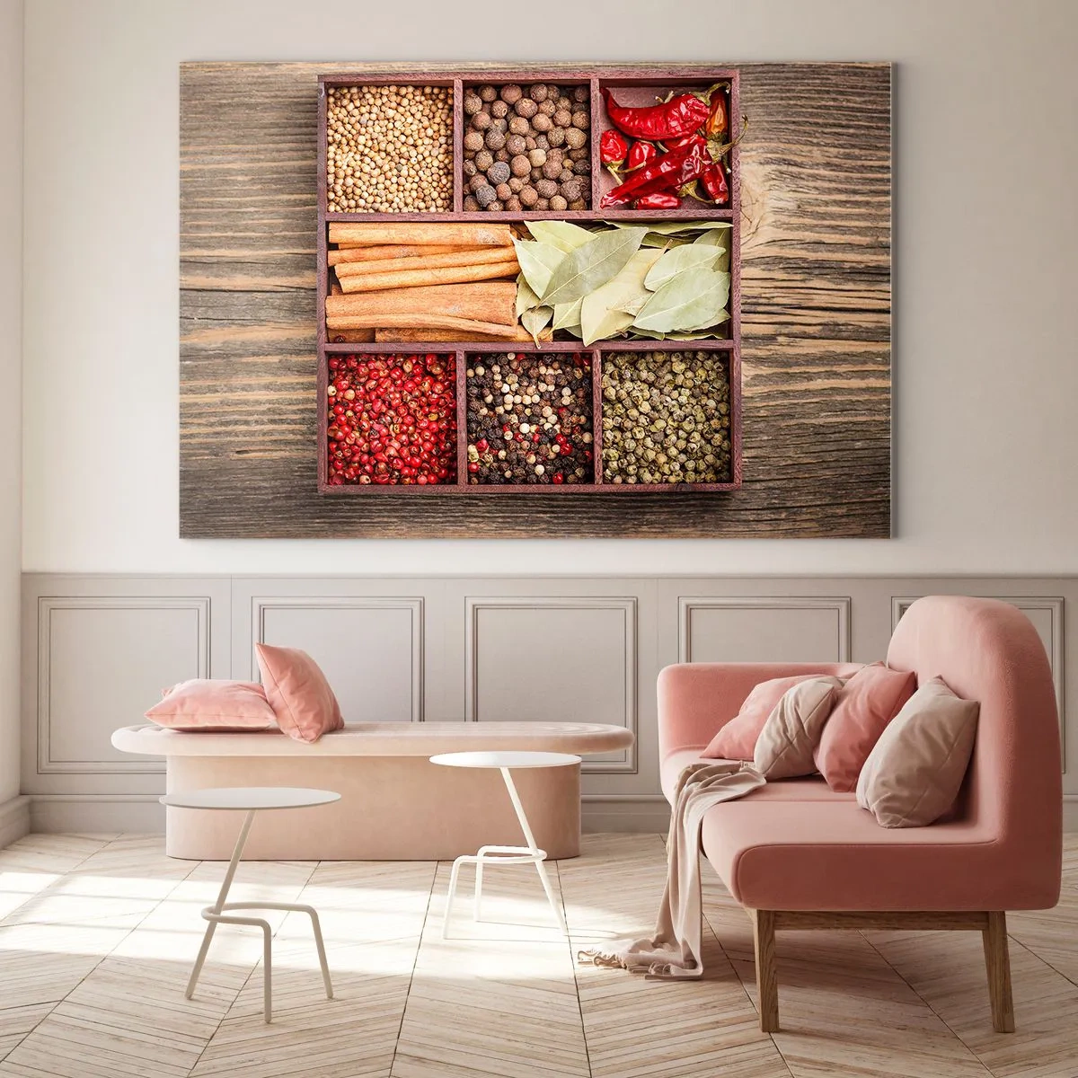 Impression sur verre - Image sur verre - Épices colorées dans des compartiments en bois - 120x80cm - Ordre des formes, bouquet d'arômes - Décoration murale moderne pour le salon et la chambre ARTTOR