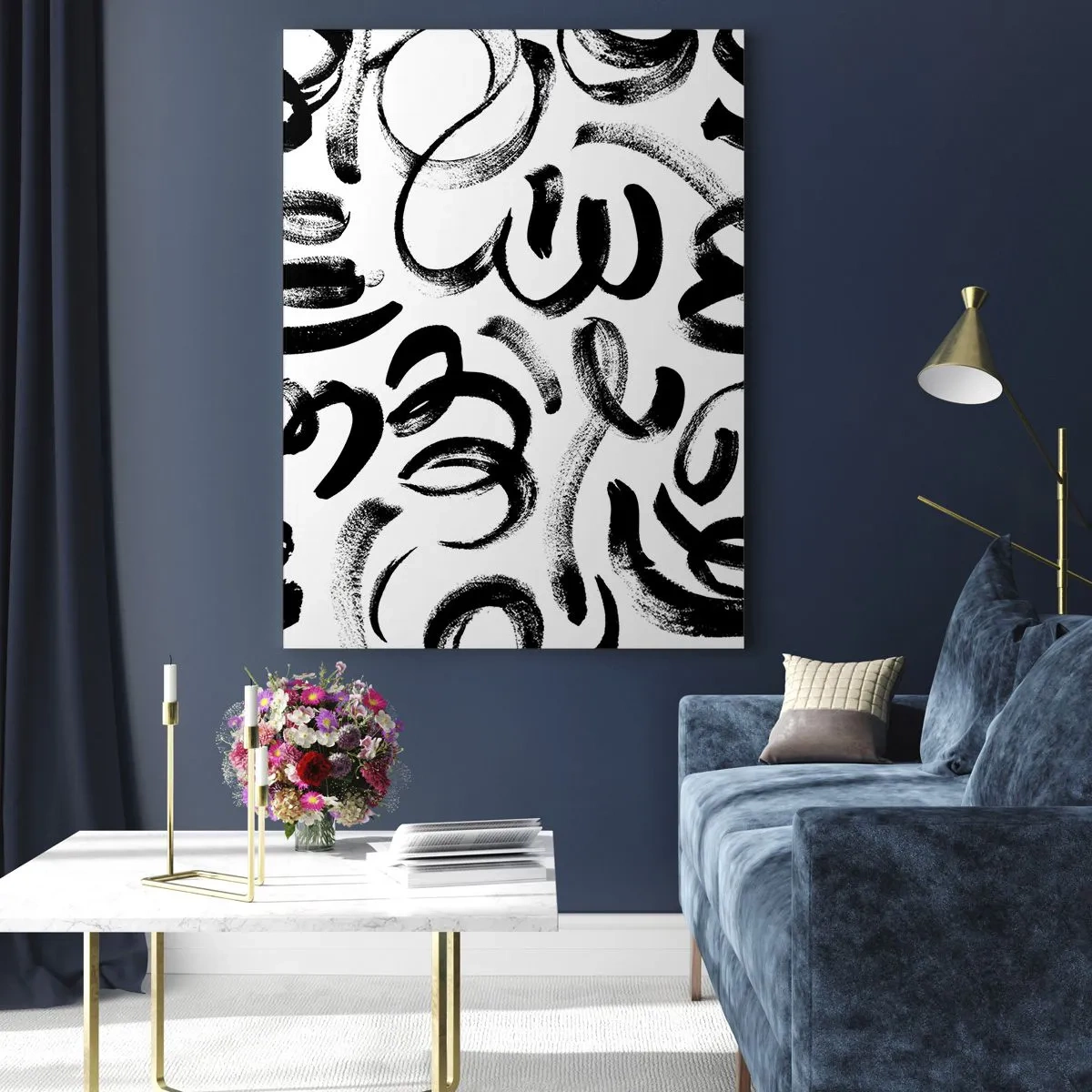 Impression sur verre - Image sur verre - Coups de pinceau abstraits en noir et blanc - 50x70cm - Noir sur blanc - Décoration murale moderne pour le salon et la chambre ARTTOR