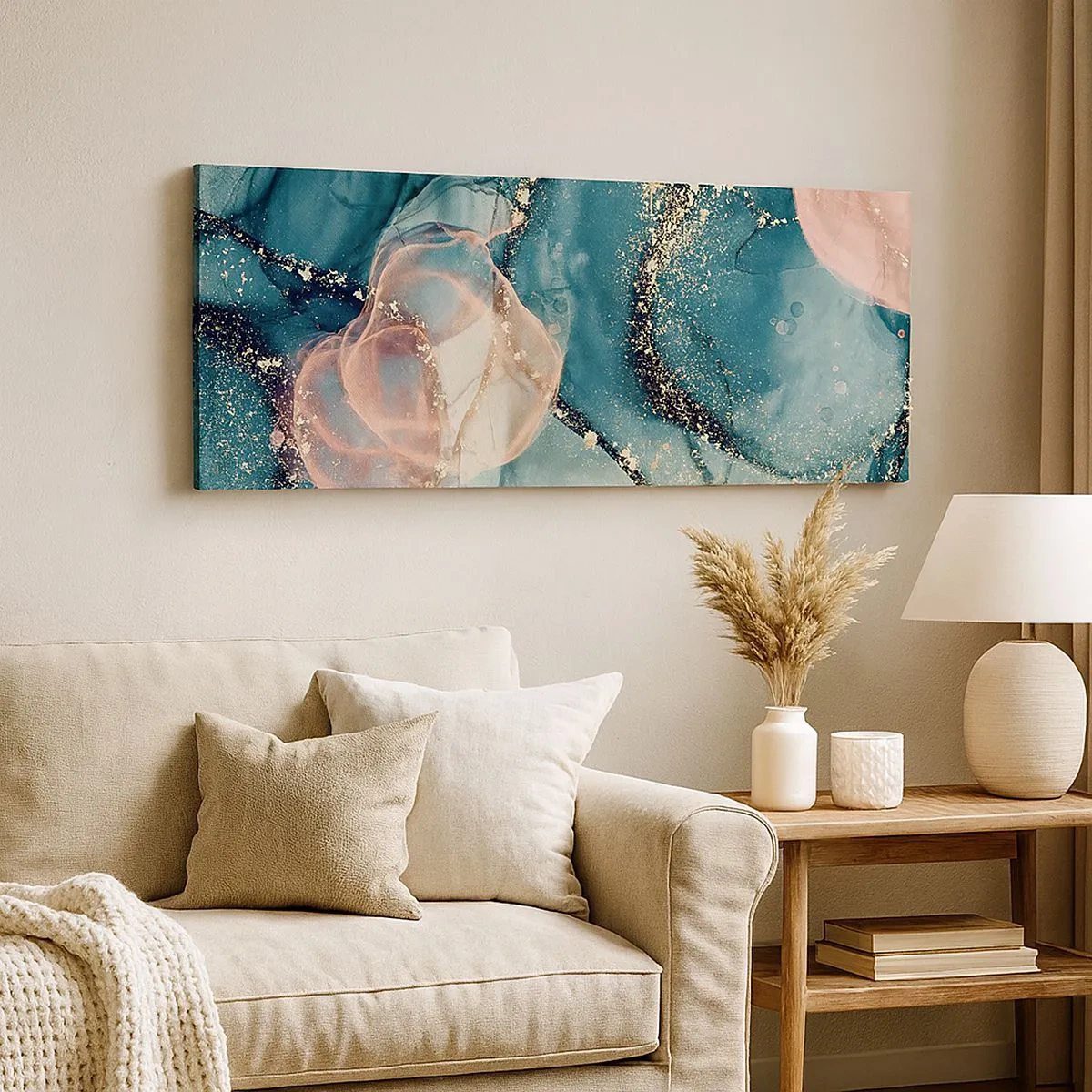 Impression sur toile - Image sur toile - Soie bleu, tulle rose - 100x40 cm