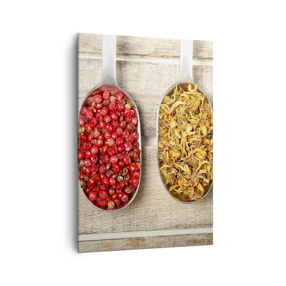 Impression sur toile - Image sur toile - Trois cuillères en métal avec des épices sur un fond en bois - 70x100cm - Magie de la cuisine - Décoration murale moderne pour le salon et la chambre ARTTOR