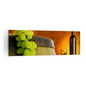 Impression sur toile - Image sur toile - Raisins sur un tonneau de vin avec une palette de couleurs chaudes en arrière-plan - 160x50cm - Nature morte avec une bouteille de vin et une grappe de raisin - Décoration murale moderne pour le salon et la chambre