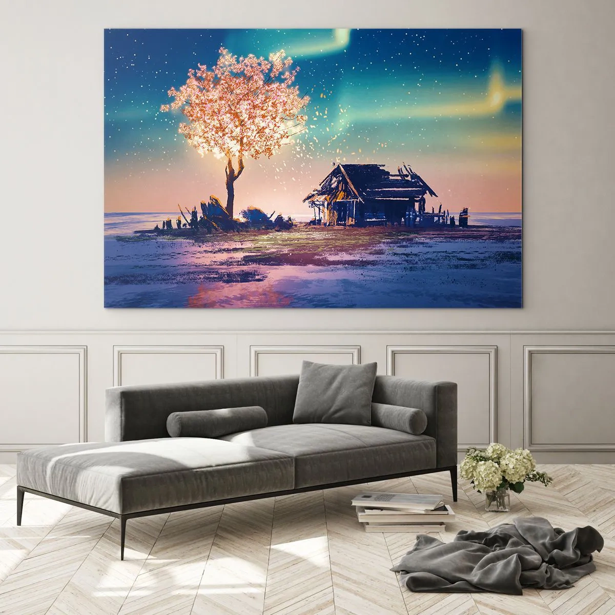 Impression sur verre - Image sur verre - Un paysage magique avec un arbre en fleurs et un chalet - 70x50cm - La nature ne passe pas - Décoration murale moderne pour le salon et la chambre ARTTOR