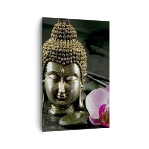 Impression sur toile - Image sur toile - Une statuette de Bouddha avec une orchidée et des baguettes sur un fond de pierres - 80x120cm - Harmonie de la sagesse et de la beauté - Décoration murale moderne pour le salon et la chambre ARTTOR