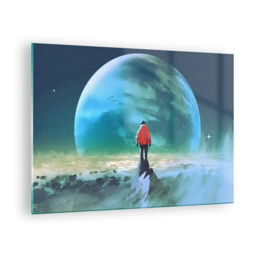 Impression sur verre - Image sur verre - Une silhouette vêtue d'une veste rouge sur fond d'une immense planète et d'étoiles - 70x50cm - Explorateur de la nouvelle terre - Décoration murale moderne pour le salon et la chambre ARTTOR
