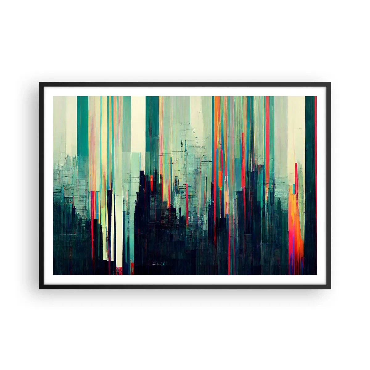 Affiche dans un cadre noir - Poster - Abstraction avec des lignes verticales et un horizon urbain - 100x70cm - Ville futuriste - Décoration murale moderne pour le salon et la chambre ARTTOR